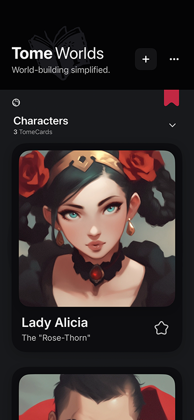 TomeWorlds app screenshot showing worldbuilding interface